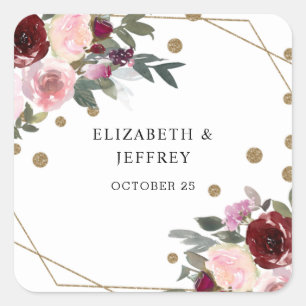 Floral Burgundy Gold Glitter Geometric Wedding Square Sticker