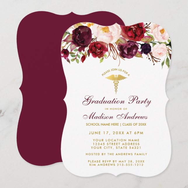 Floral Burgundy Gold Medical Grad Party Invite B (Front/Back)