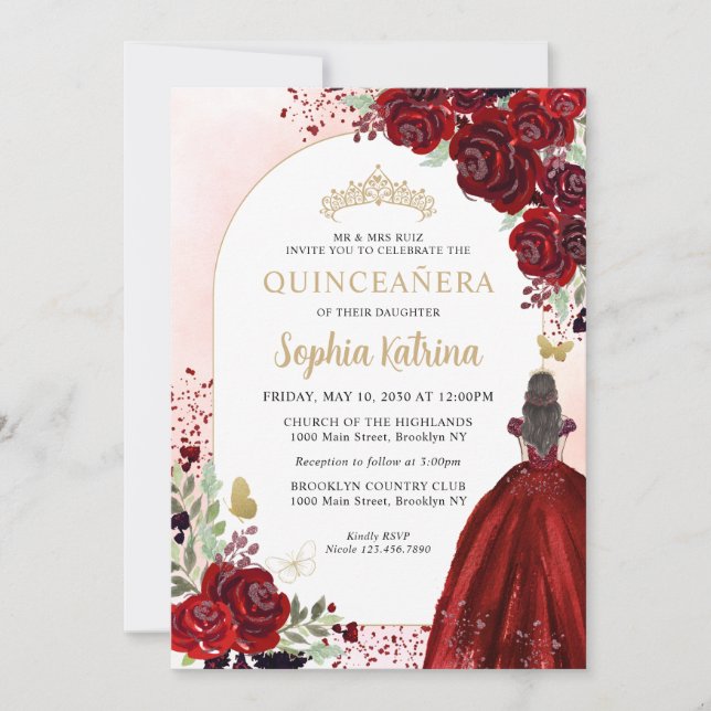 Floral Burgundy Gold Princess Birthday Quinceanera Invitation (Front)