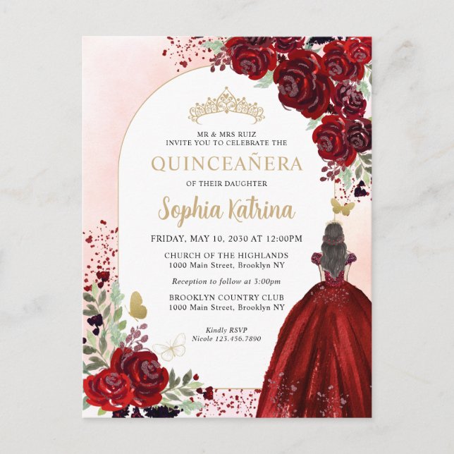 Floral Burgundy Gold Princess Birthday Quinceanera Invitation Postcard (Front)