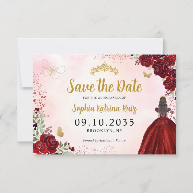 Floral Burgundy Gold Princess Birthday Quinceanera Save The Date (Front)