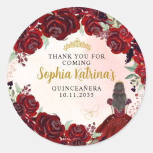 Floral Burgundy Gold Quinceanera Birthday Favour Classic Round Sticker