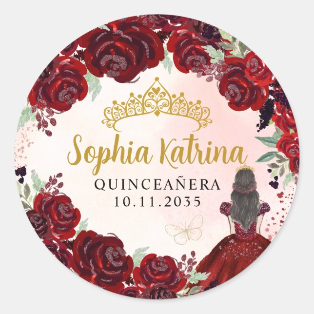 Floral Burgundy Gold Quinceanera Birthday Favour Classic Round Sticker (Front)