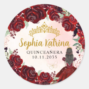 Floral Burgundy Gold Quinceanera Birthday Favour Classic Round Sticker