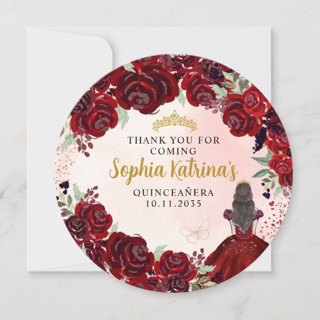 Floral Burgundy Gold Quinceanera Birthday Thank Yo Invitation (Front)
