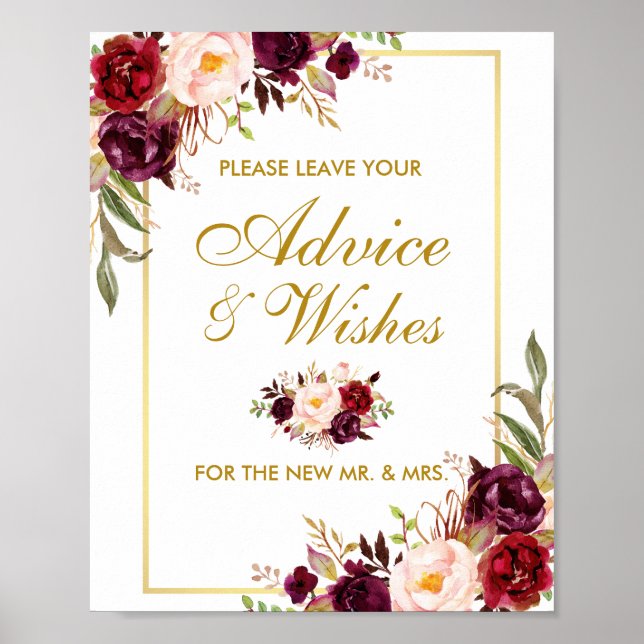 Floral Burgundy Gold Wedding Advice and Wishes Poster (Front)