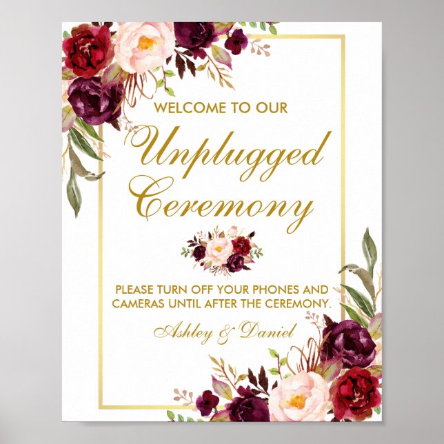 Floral Burgundy Gold Wedding Ceremony Unplugged Poster (Front)