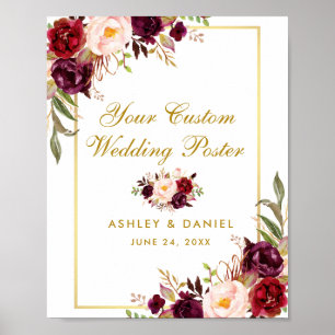 Floral Burgundy Gold Wedding Custom Poster