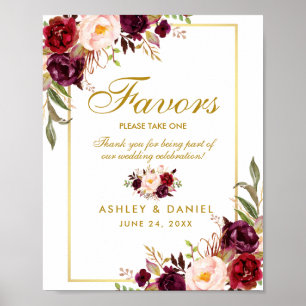 Floral Burgundy Gold Wedding Favors Poster