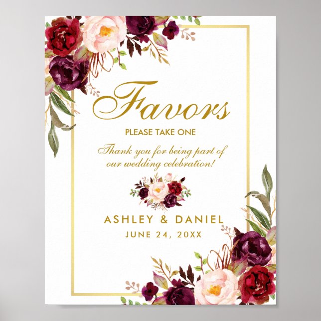 Floral Burgundy Gold Wedding Favors Poster (Front)