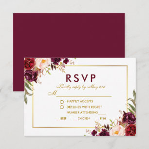 Floral Burgundy Gold Wedding Meal RSVP BG Card