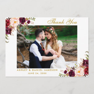 Floral Burgundy Gold Wedding Photo Thank You