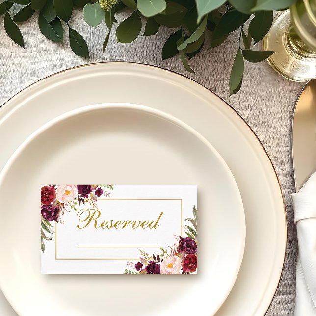Floral Burgundy Gold Wedding Reserved Write Name Place Card (Customize to change text color, style or to add more text to front or back.)