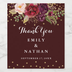 Floral Burgundy Gold Wedding Thank You Wine Label