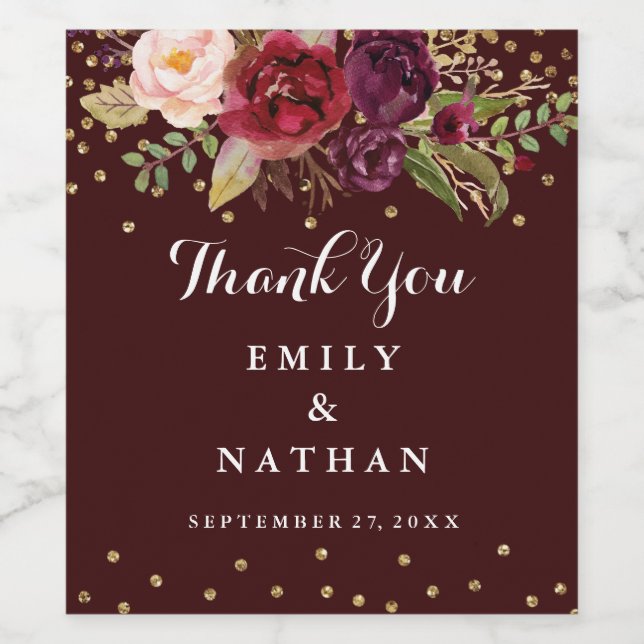 Floral Burgundy Gold Wedding Thank You Wine Label (Single Label)