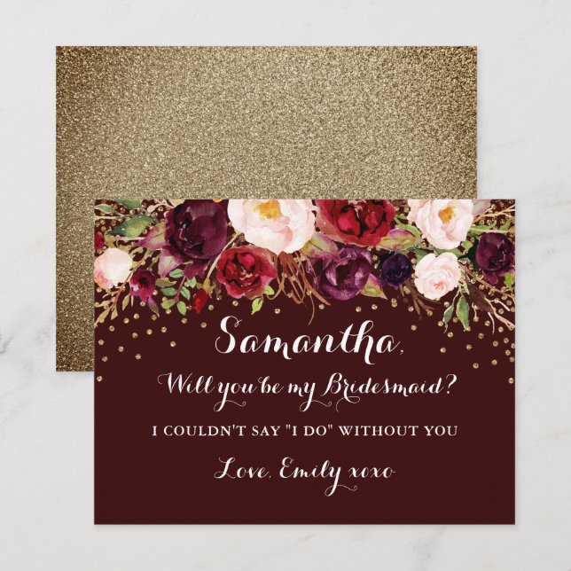 Floral Burgundy Gold Will You Be My Bridesmaid Invitation (Front/Back)