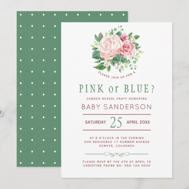Floral Burgundy Green Baby Gender Reveal Party Invitation (Front/Back)