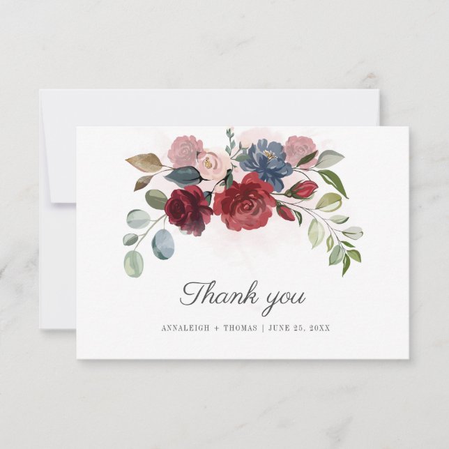 Floral Burgundy Greenery Eucalyptus Wedding Thank You Card (Front)