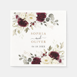 Floral Burgundy Greenery Gold Personalised Wedding Napkin