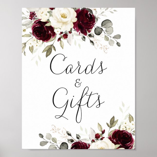Floral Burgundy Greenery Wedding Cards Gifts Sign (Front)