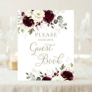 Floral Burgundy Greenery Wedding Guest Book Sign