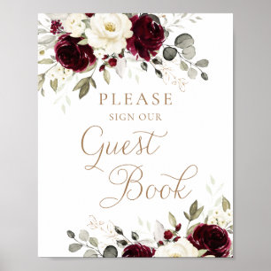 Floral Burgundy Greenery Wedding Guest Book Sign