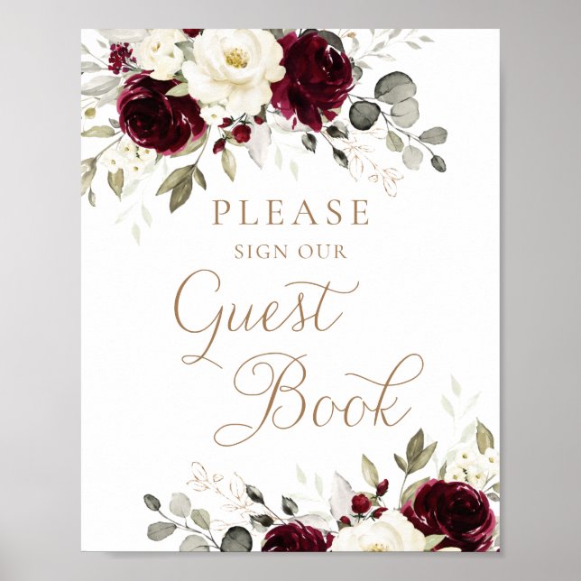Floral Burgundy Greenery Wedding Guest Book Sign (Front)