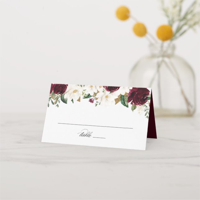 Floral Burgundy Greenery White Magnolia Elegant Place Card (Front)
