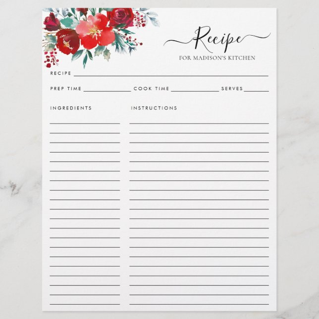 Floral Burgundy Holly Leaf Holiday Kitchen Recipe (Front)