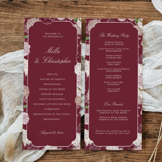 Floral Burgundy Hydrangea Fall Winter Wedding Programme (Burgundy hydrangea wedding program with order of ceremony and wedding party details)