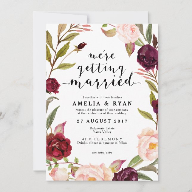 Floral Burgundy Leafy Wedding Invitation (Front)