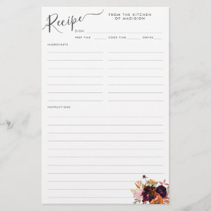 Floral Burgundy Magenta Purple Kitchen Recipe Card