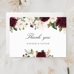 Floral Burgundy Magnolia Greenery Elegant Wedding Thank You Card
