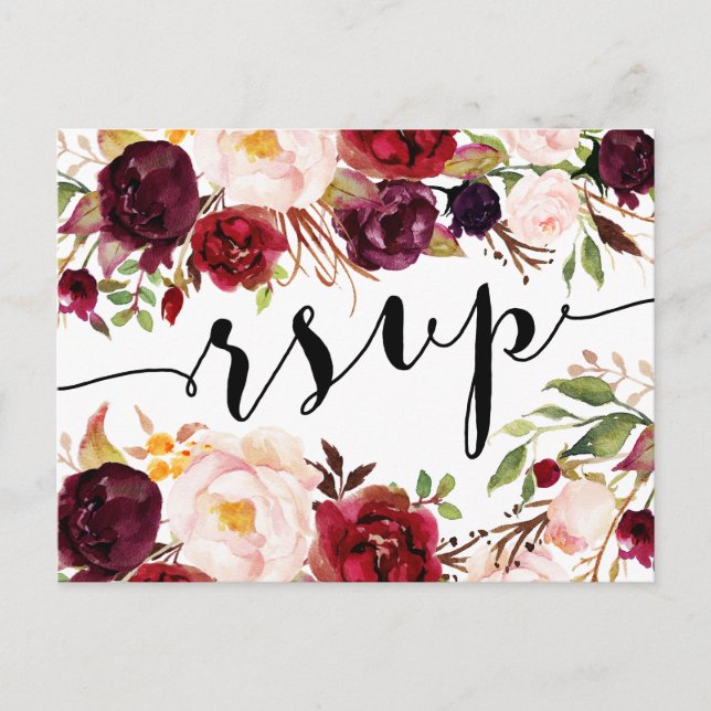 Floral Burgundy Marsala RSVP Postcard (Front)