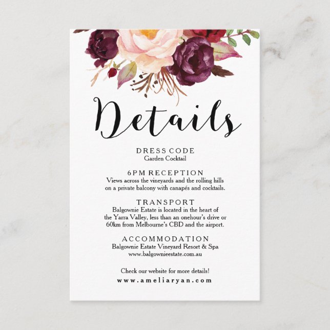 Floral Burgundy Marsala Wedding Details Card (Front)