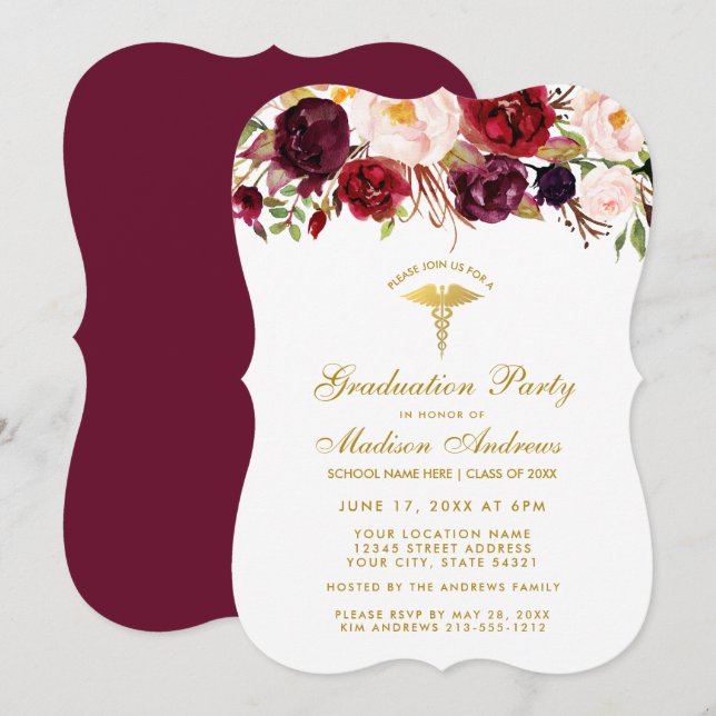 Floral Burgundy Medical Grad Gold Party Invite B (Front/Back)