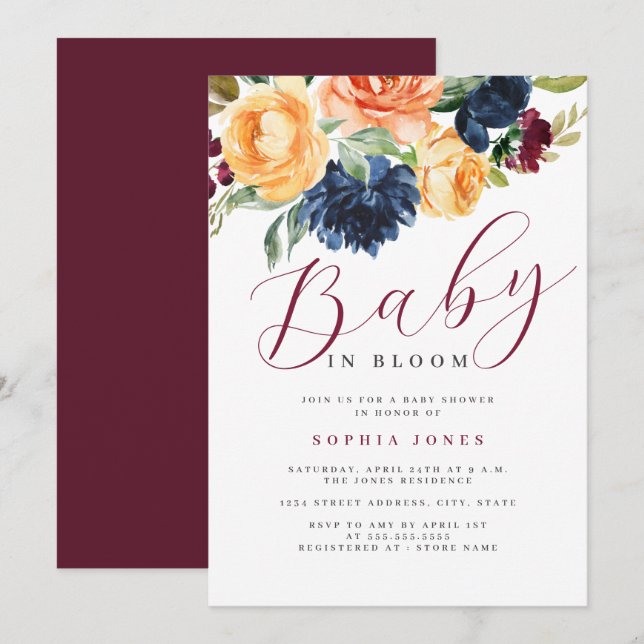 Floral Burgundy Navy Baby in Bloom Baby Shower   Invitation (Front/Back)