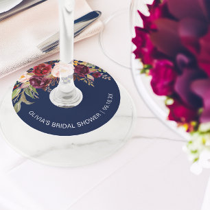 Floral Burgundy Navy Blue Bridal Shower Wine Glass Tag