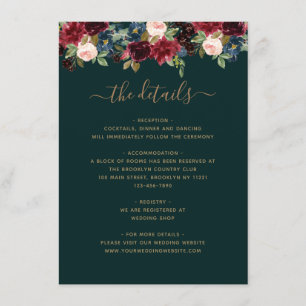 Floral Burgundy Navy Blue Green Jewel Tone Wedding Enclosure Card