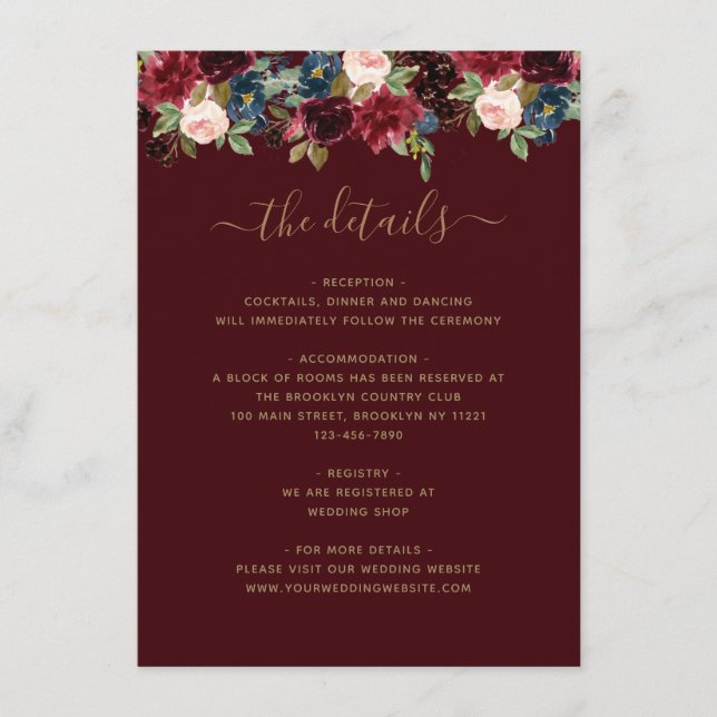 Floral Burgundy Navy Blue Red Jewel Tone Wedding Enclosure Card (Front)