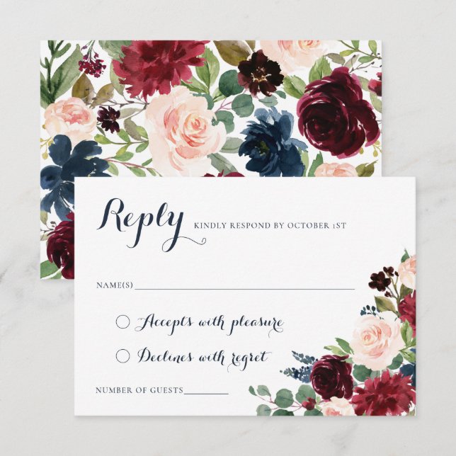 Floral Burgundy Navy Blush Crest Elegant RSVP Invitation (Front/Back)