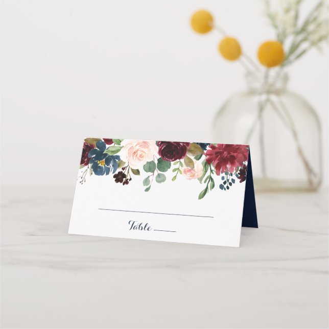 Floral Burgundy Navy Blush Elegant Wedding Place Card (Front)