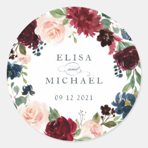 Floral Burgundy Navy Blush Personalised Classic Round Sticker