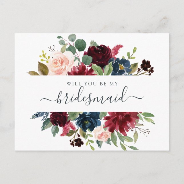 Floral Burgundy Navy Bouquet Will You Be My Holiday Postcard (Front)