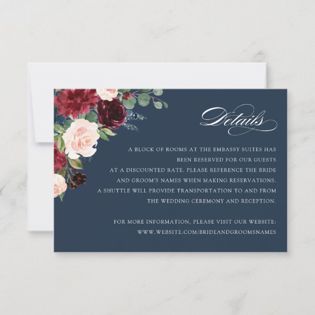 Floral Burgundy Navy Elegant Blush Details Card (Front)