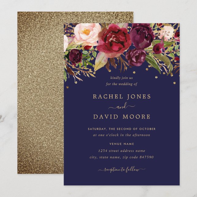 Floral Burgundy Navy Gold Confetti Wedding Invite (Front/Back)