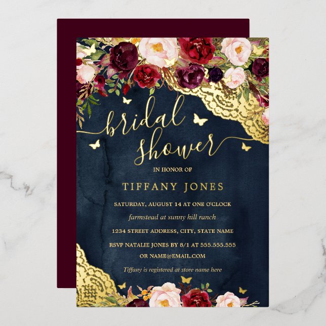 Floral Burgundy Navy Gold Lace Bridal Shower  (Front/Back)
