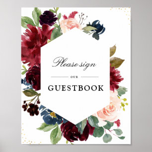 Floral Burgundy & Navy guestbook wedding sign