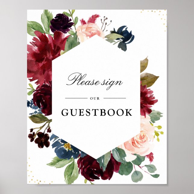 Floral Burgundy & Navy guestbook wedding sign (Front)
