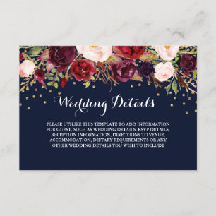 Floral Burgundy Navy Wedding Reception Details Enclosure Card